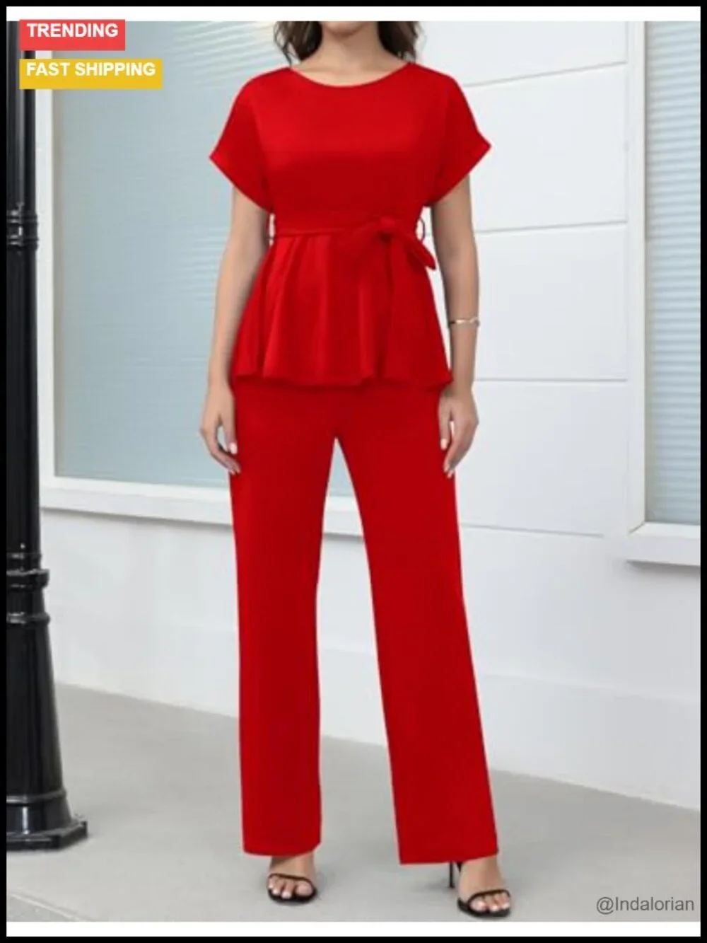 Women's 2pc Peplum Top Flared Pants Set Polyester Spandex